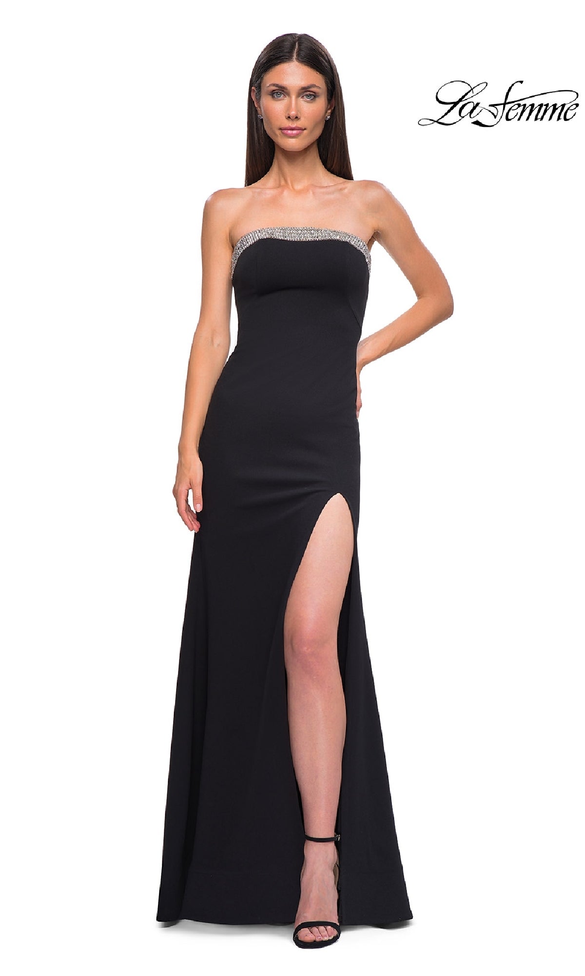 A woman poses against a white background in the Bead-Trimmed Long Prom Dress: La Femme 32891, a strapless gown featuring a thigh-high slit and embellished neckline. The La Femme logo appears in the top right corner.